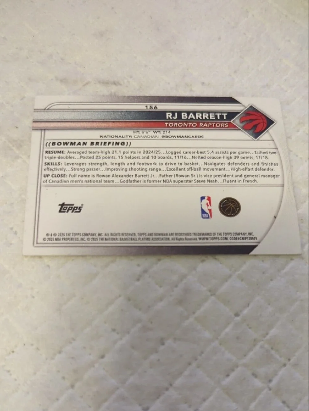 Topps Toronto Raptors RJ Barrett Trading Card - Blue & Red - Picture 2 of 2